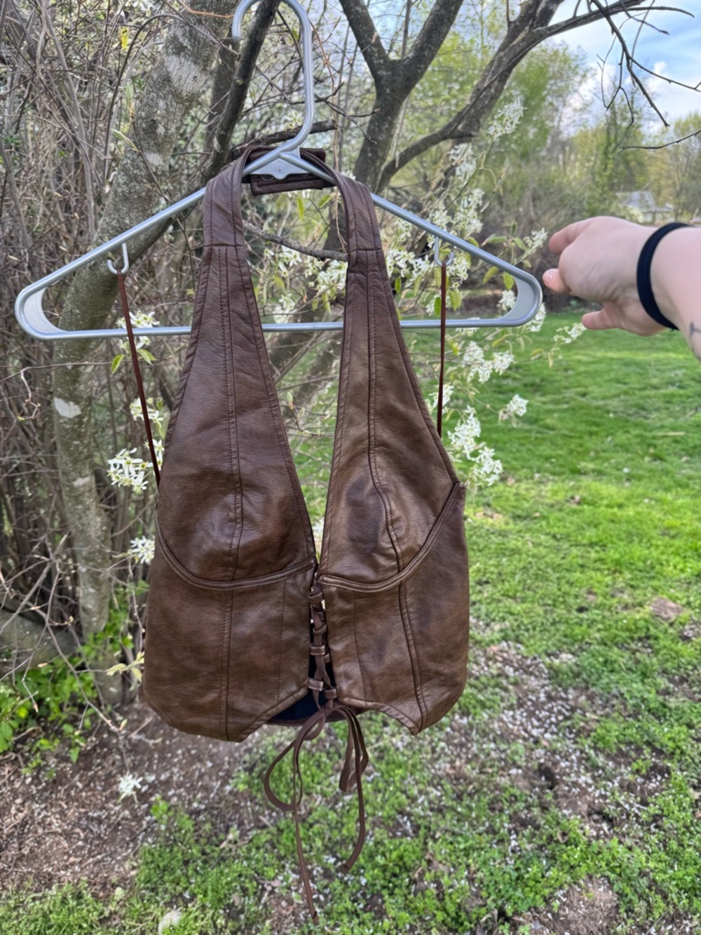Brown Leather Halter Crop Top with Front Lace-Up